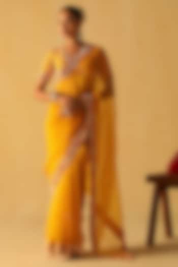 Mustard Silk Organza Zardosi Embroidered Wedding Saree Set by Sheetal Batra at Pernia's Pop Up Shop