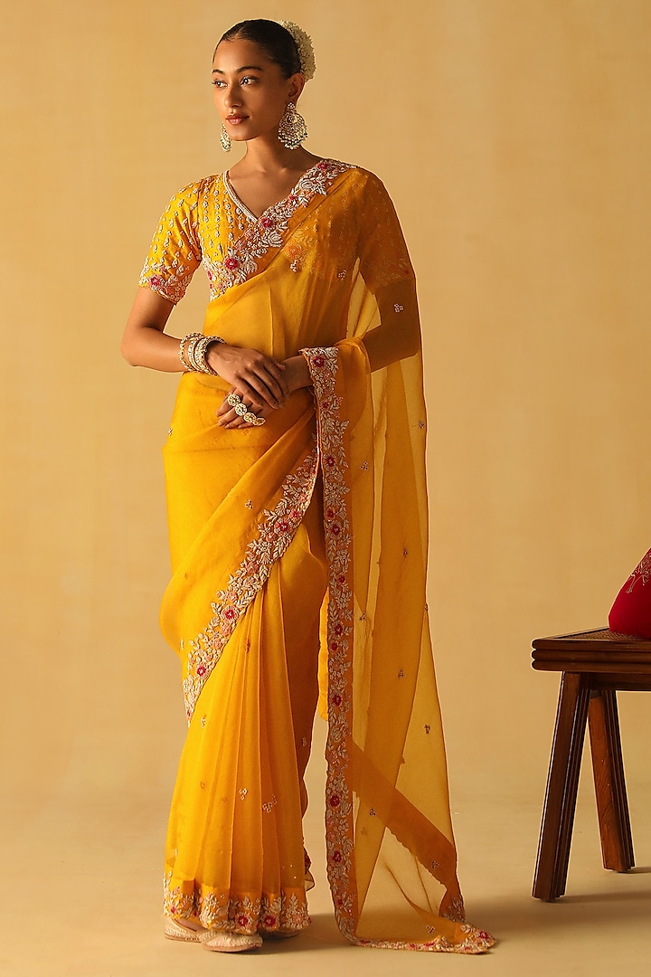 Mustard Silk Organza Zardosi Embroidered Wedding Saree Set by Sheetal Batra at Pernia's Pop Up Shop