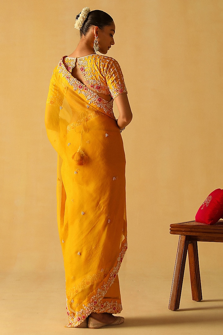 Mustard Silk Organza Zardosi Embroidered Wedding Saree Set by Sheetal Batra at Pernia's Pop Up Shop
