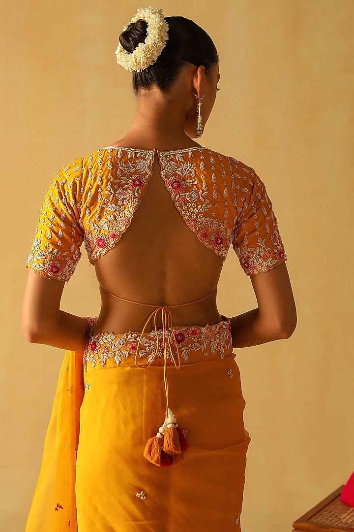 Mustard Silk Organza Zardosi Embroidered Wedding Saree Set by Sheetal Batra at Pernia's Pop Up Shop