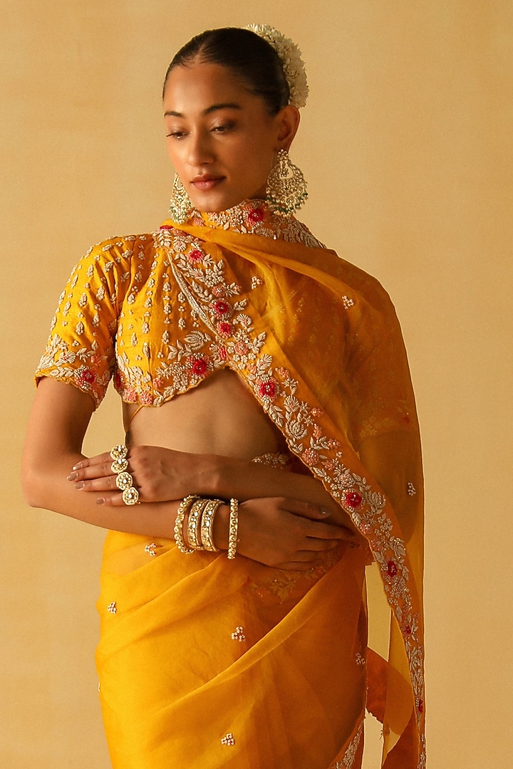 Mustard Silk Organza Zardosi Embroidered Wedding Saree Set by Sheetal Batra at Pernia's Pop Up Shop