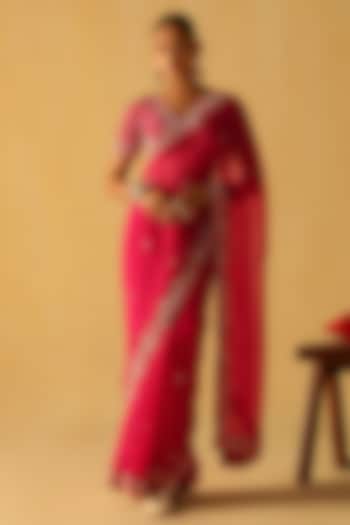 Hot Pink Silk Organza Zardosi Embroidered Wedding Saree Set by Sheetal Batra at Pernia's Pop Up Shop