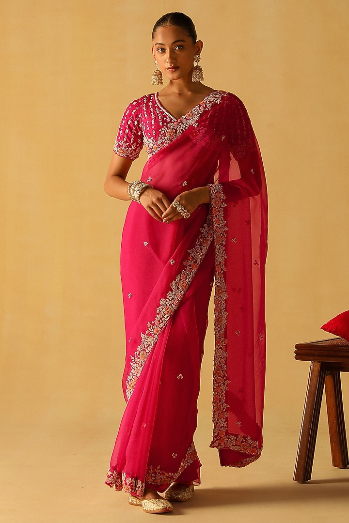 Hot Pink Silk Organza Zardosi Embroidered Wedding Saree Set by Sheetal Batra at Pernia's Pop Up Shop