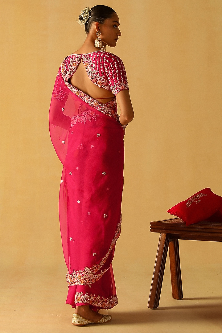 Hot Pink Silk Organza Zardosi Embroidered Wedding Saree Set by Sheetal Batra at Pernia's Pop Up Shop