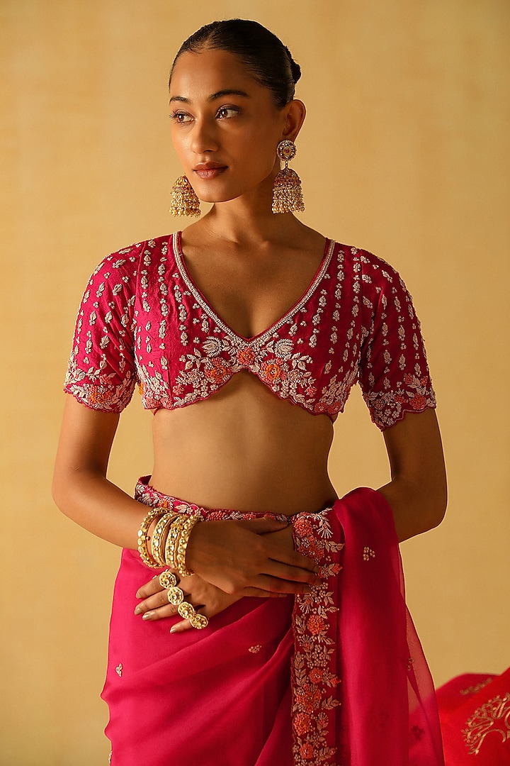 Hot Pink Silk Organza Zardosi Embroidered Wedding Saree Set by Sheetal Batra at Pernia's Pop Up Shop