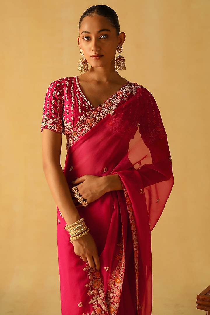 Hot Pink Silk Organza Zardosi Embroidered Wedding Saree Set by Sheetal Batra at Pernia's Pop Up Shop