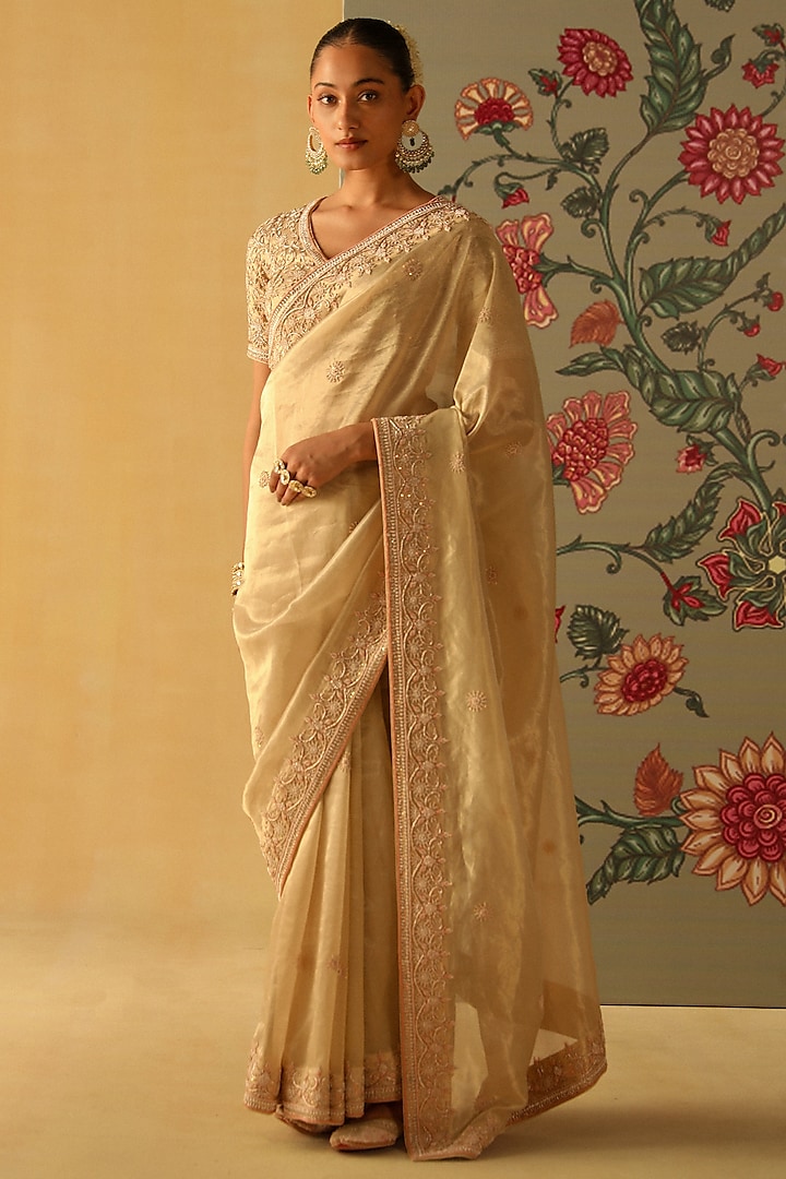 Gold Silk Tissue Dabka & Zardosi Embroidered Saree Set by Sheetal Batra at Pernia's Pop Up Shop