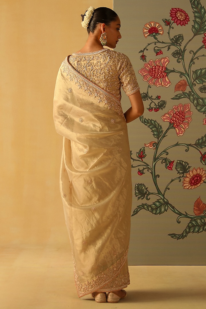 Gold Silk Tissue Dabka & Zardosi Embroidered Reception Saree Set by Sheetal Batra at Pernia's Pop Up Shop