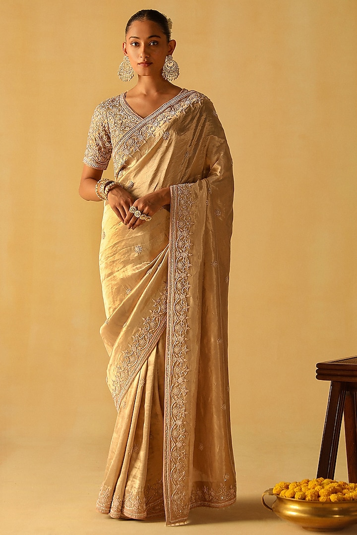 Gold Silk Tissue Dabka & Zardosi Embroidered Saree Set by Sheetal Batra at Pernia's Pop Up Shop