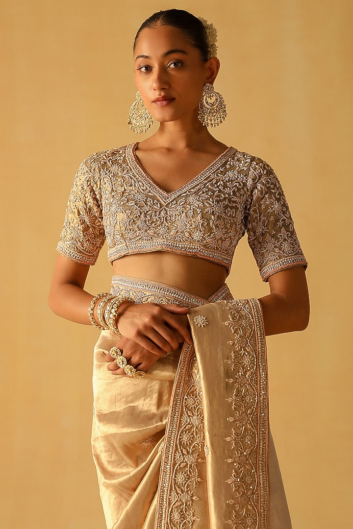 Gold Silk Tissue Dabka & Zardosi Embroidered Reception Saree Set by Sheetal Batra at Pernia's Pop Up Shop
