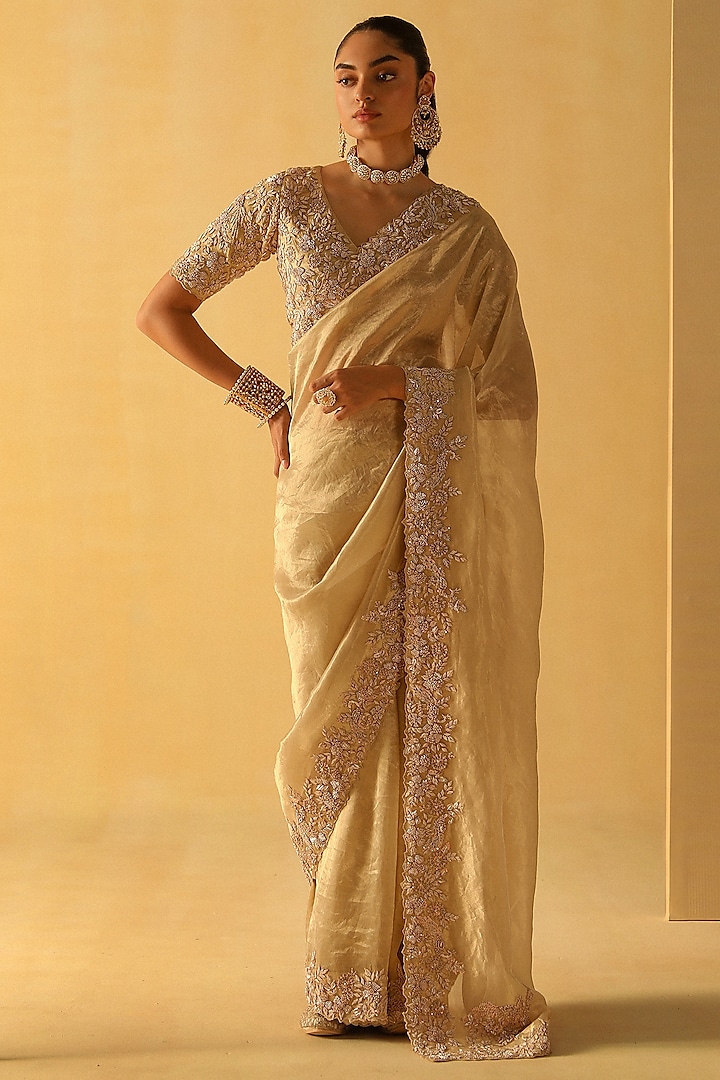 Gold Silk Tissue Dabka & Zardosi Embroidered Saree Set by Sheetal Batra at Pernia's Pop Up Shop