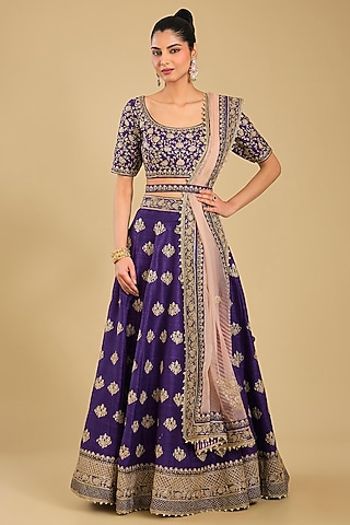 Deep Purple Pure Raw Silk Embroidered Lehenga Set by Sheetal Batra