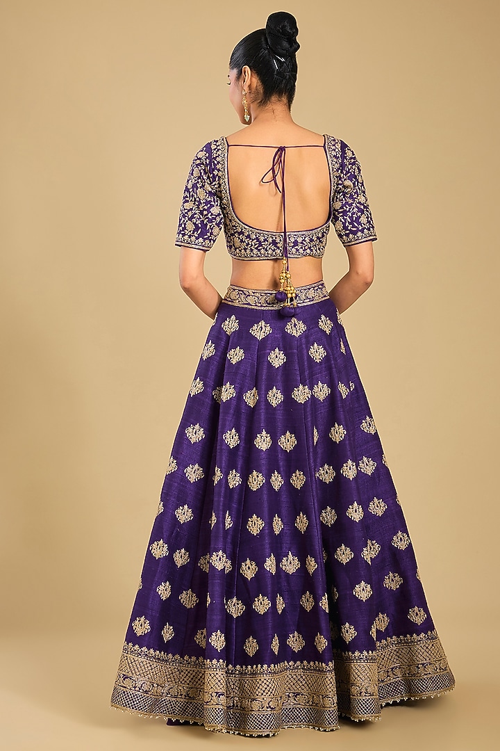 Deep Purple Pure Raw Silk Embroidered Wedding Lehenga Set by Sheetal Batra at Pernia's Pop Up Shop
