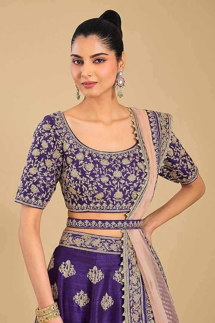 Deep Purple Pure Raw Silk Embroidered Wedding Lehenga Set by Sheetal Batra at Pernia's Pop Up Shop