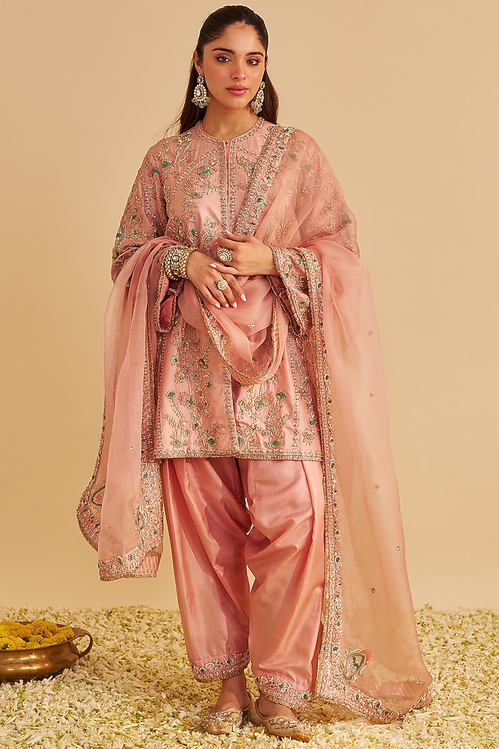 Blush Pink Bangalore Silk Zardosi Embroidered A-Line Kurta Set by Sheetal Batra at Pernia's Pop Up Shop