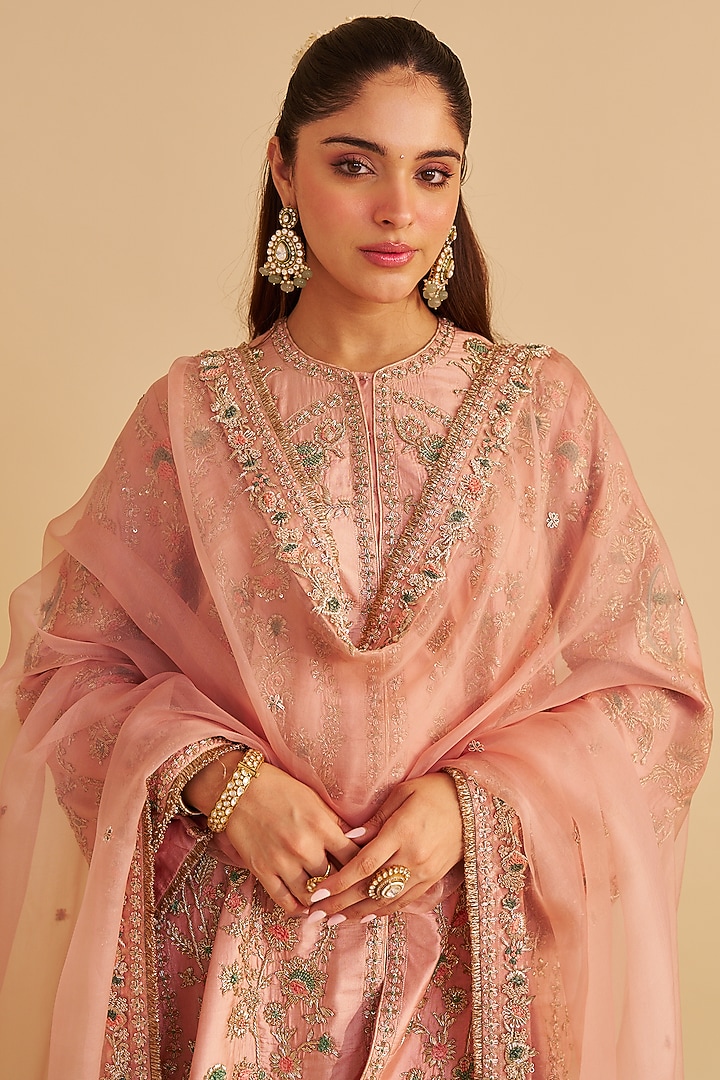 Blush Pink Bangalore Silk Zardosi Embroidered A-Line Kurta Set by Sheetal Batra at Pernia's Pop Up Shop