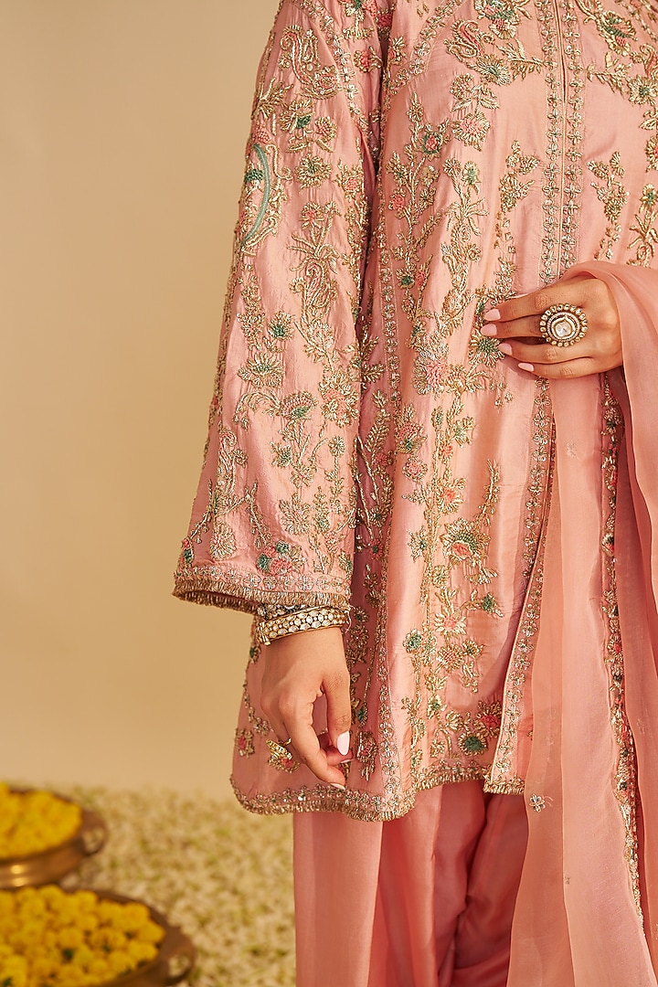 Blush Pink Bangalore Silk Zardosi Embroidered A-Line Kurta Set by Sheetal Batra at Pernia's Pop Up Shop