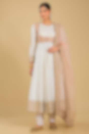 Daisy Ivory Silk Chanderi Embroidered Jacket Bridal Anarkali Set by Sheetal Batra at Pernia's Pop Up Shop