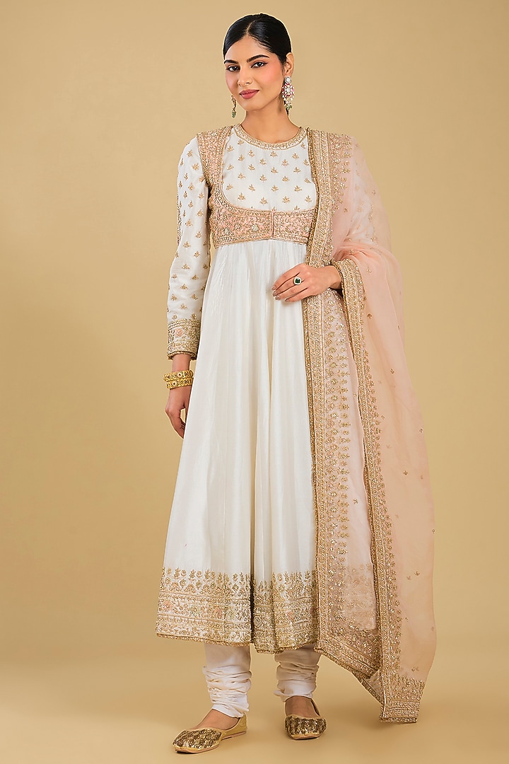Daisy Ivory Silk Chanderi Embroidered Jacket Bridal Anarkali Set by Sheetal Batra at Pernia's Pop Up Shop