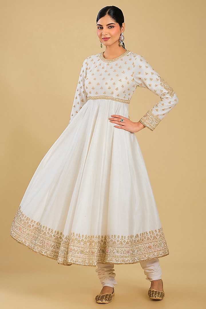 Daisy Ivory Silk Chanderi Embroidered Jacket Bridal Anarkali Set by Sheetal Batra at Pernia's Pop Up Shop