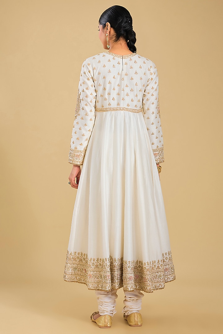 Daisy Ivory Silk Chanderi Embroidered Jacket Bridal Anarkali Set by Sheetal Batra at Pernia's Pop Up Shop