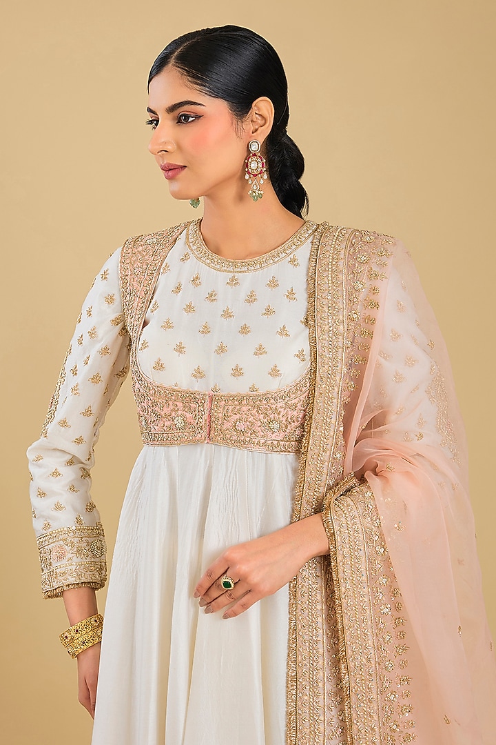 Daisy Ivory Silk Chanderi Embroidered Jacket Bridal Anarkali Set by Sheetal Batra at Pernia's Pop Up Shop