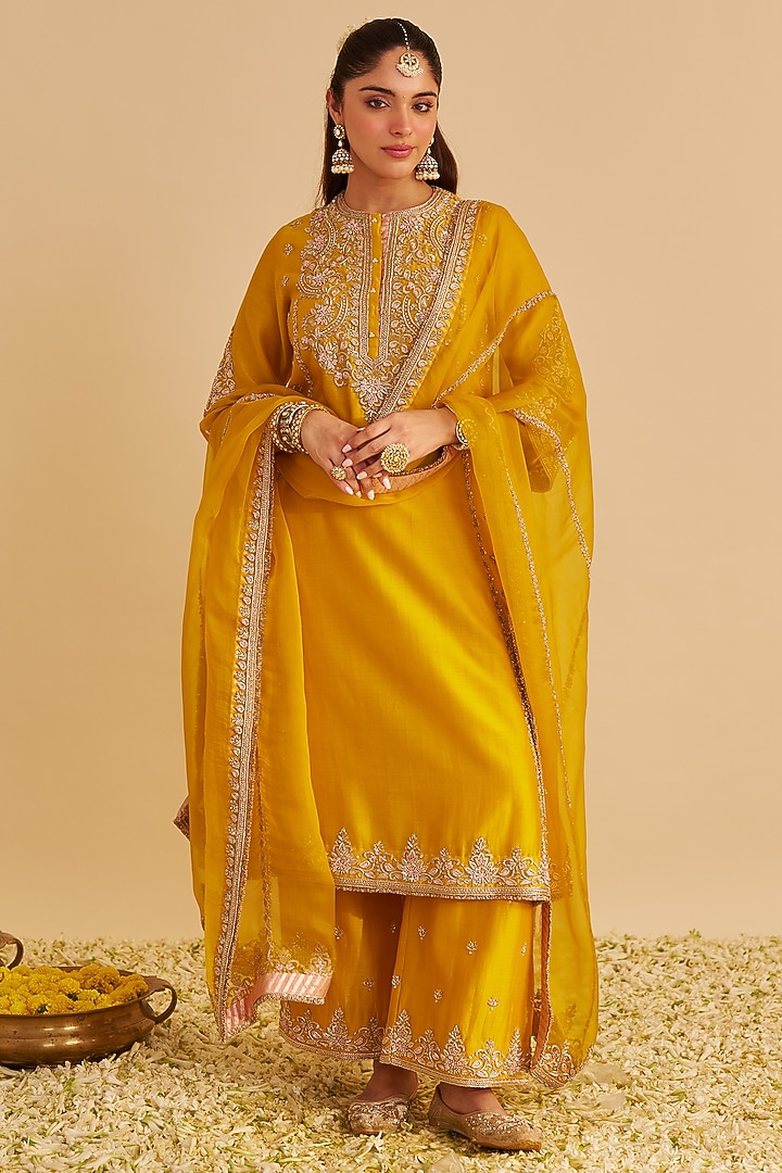 Mustard Silk Chanderi Zardosi Embroidered A-Line Kurta Set by Sheetal Batra at Pernia's Pop Up Shop