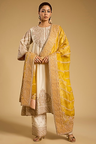 Ivory Silk Chanderi Dabka Embroidered Choga Kurta Set by Sheetal Batra