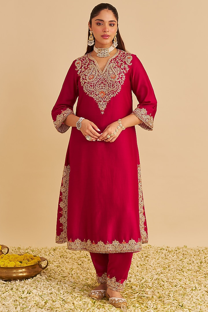Hot Pink Silk Chanderi Dabka Embroidered A-Line Kurta Set by Sheetal Batra at Pernia's Pop Up Shop