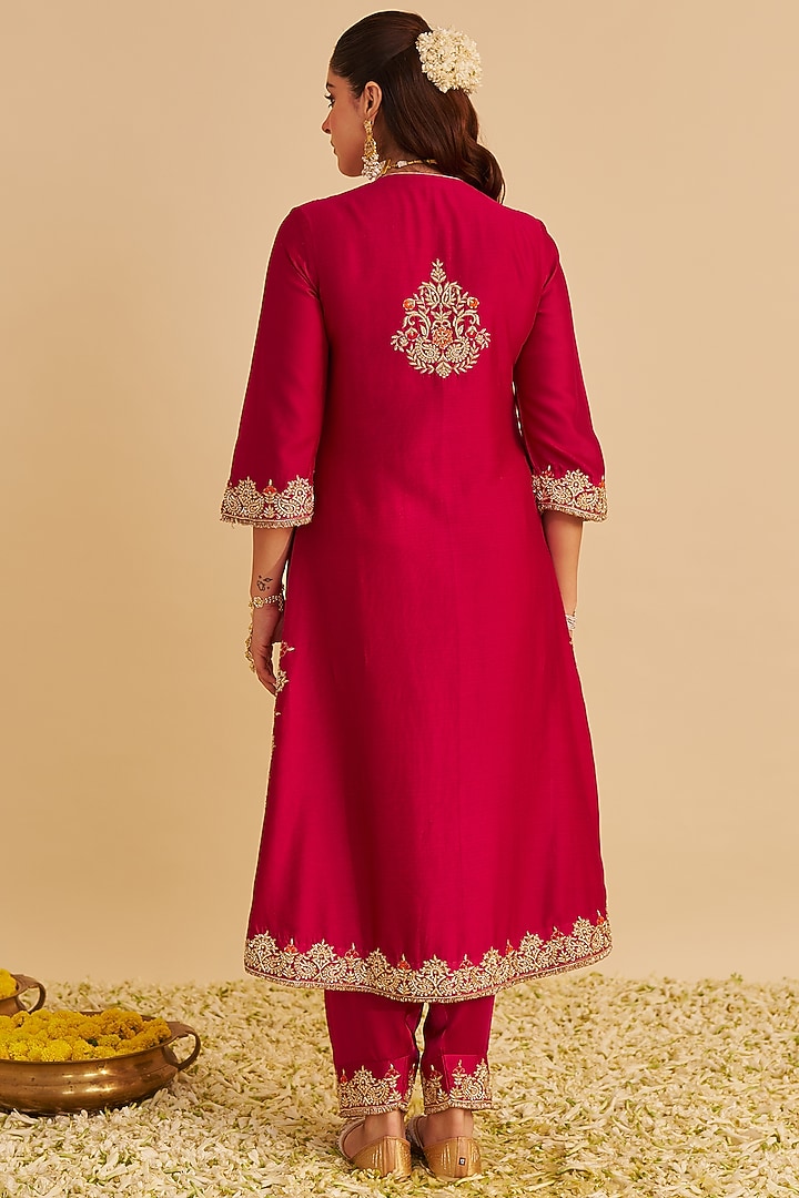 Hot Pink Silk Chanderi Dabka Embroidered A-Line Kurta Set by Sheetal Batra at Pernia's Pop Up Shop