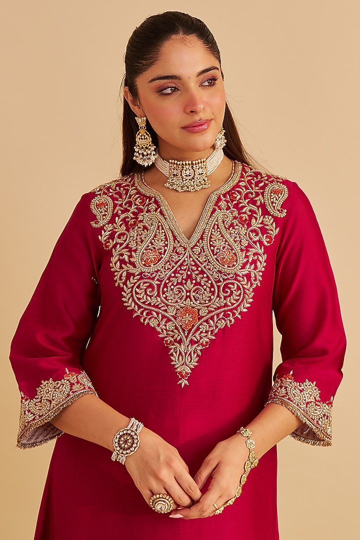 Hot Pink Silk Chanderi Dabka Embroidered A-Line Kurta Set by Sheetal Batra at Pernia's Pop Up Shop