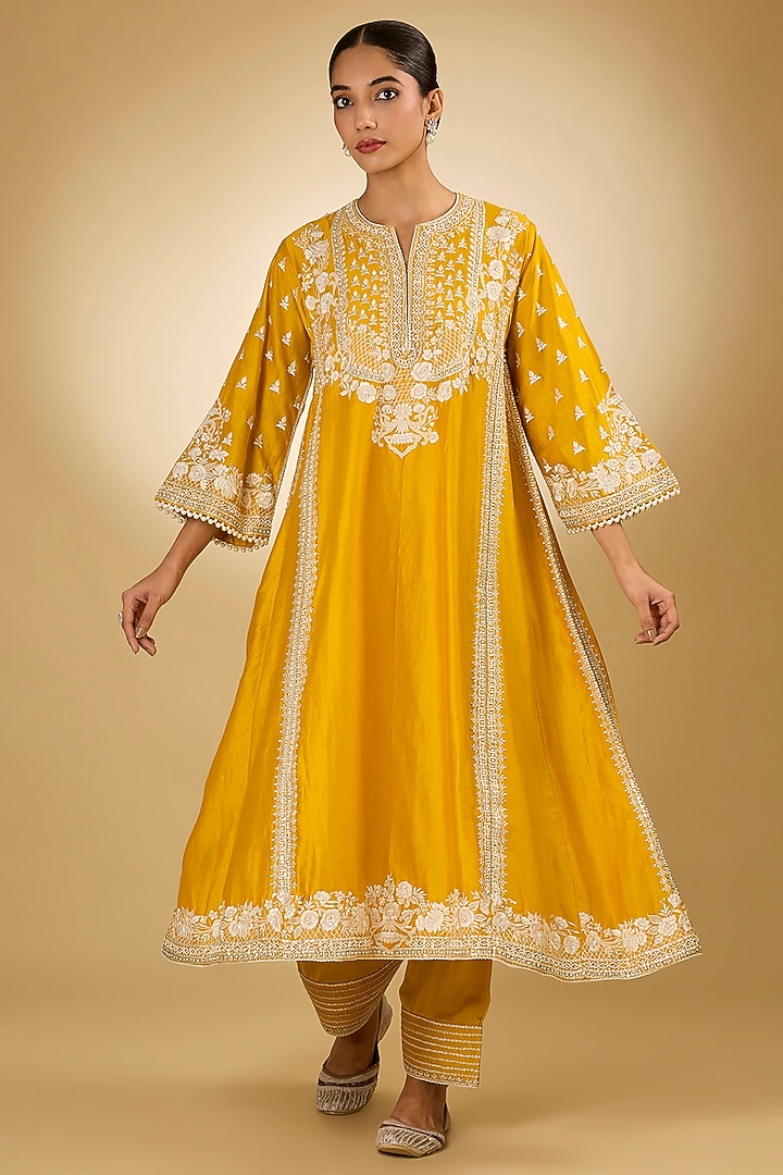 Yellow Chanderi Silk Parsi Gara Embroidered Choga Kurta Set by Sheetal Batra at Pernia's Pop Up Shop