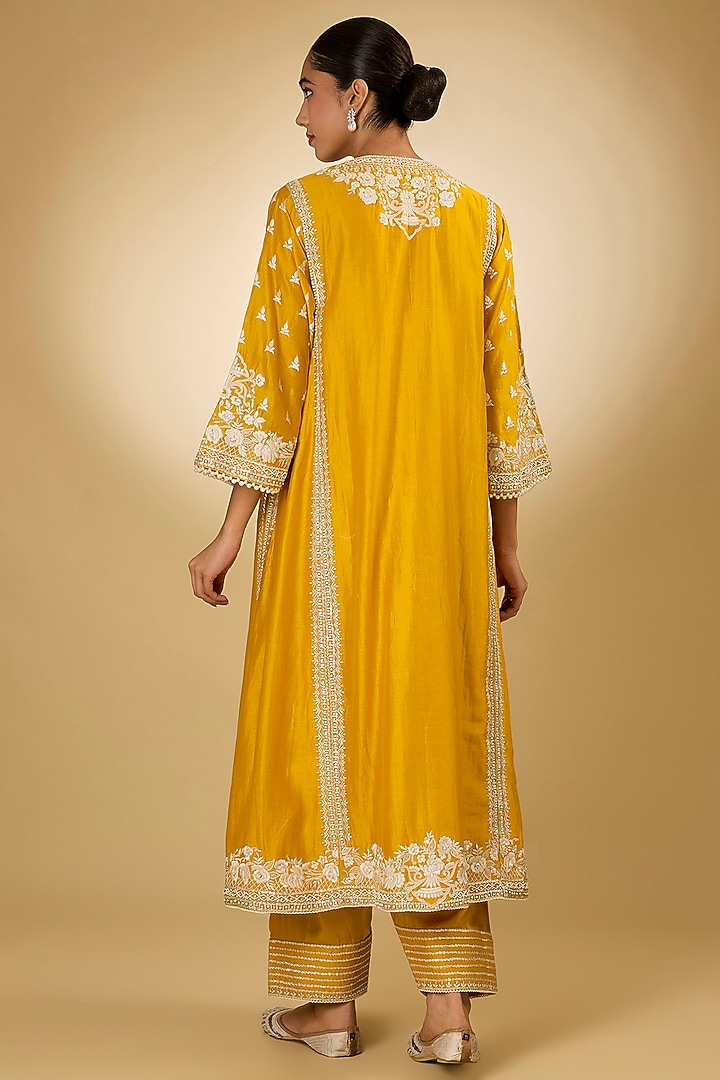 Yellow Chanderi Silk Parsi Gara Embroidered Choga Kurta Set by Sheetal Batra at Pernia's Pop Up Shop
