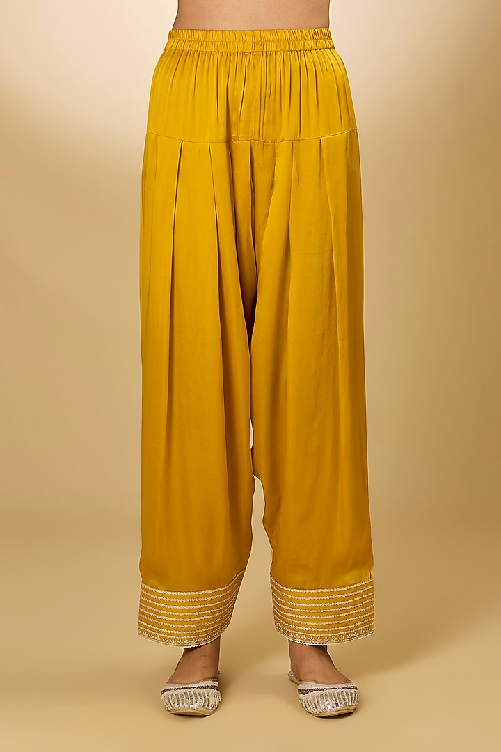 Yellow Chanderi Silk Parsi Gara Embroidered Choga Kurta Set by Sheetal Batra at Pernia's Pop Up Shop