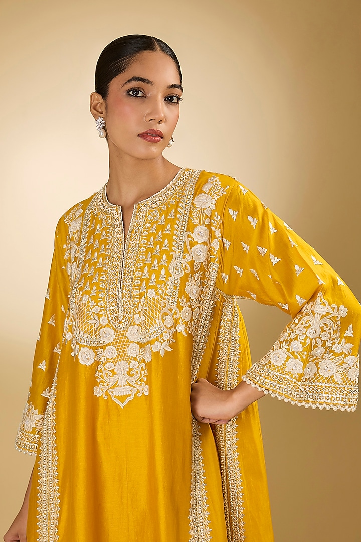 Yellow Chanderi Silk Parsi Gara Embroidered Choga Kurta Set by Sheetal Batra at Pernia's Pop Up Shop