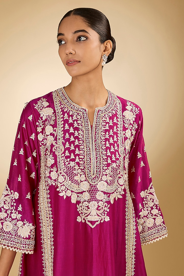 Pink Chanderi Silk Parsi Gara Embroidered Choga Kurta Set by Sheetal Batra at Pernia's Pop Up Shop