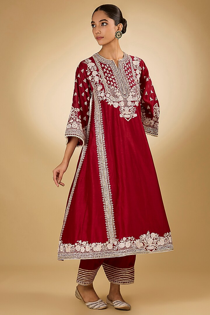 Red Chanderi Silk Parsi Gara Embroidered Choga Kurta Set by Sheetal Batra at Pernia's Pop Up Shop