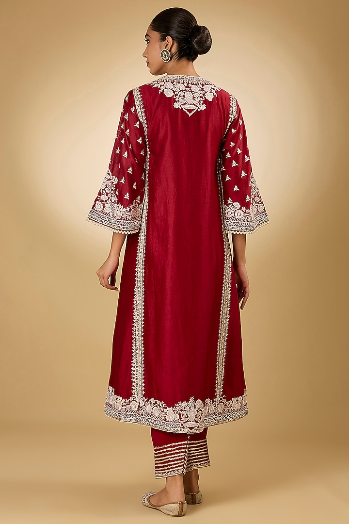 Red Chanderi Silk Parsi Gara Embroidered Choga Kurta Set by Sheetal Batra at Pernia's Pop Up Shop
