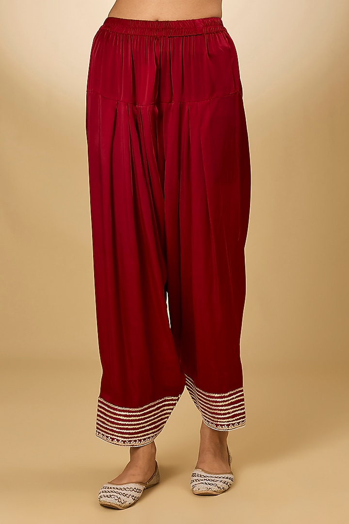 Red Chanderi Silk Parsi Gara Embroidered Choga Kurta Set by Sheetal Batra at Pernia's Pop Up Shop