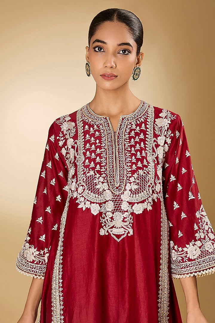 Red Chanderi Silk Parsi Gara Embroidered Choga Kurta Set by Sheetal Batra at Pernia's Pop Up Shop