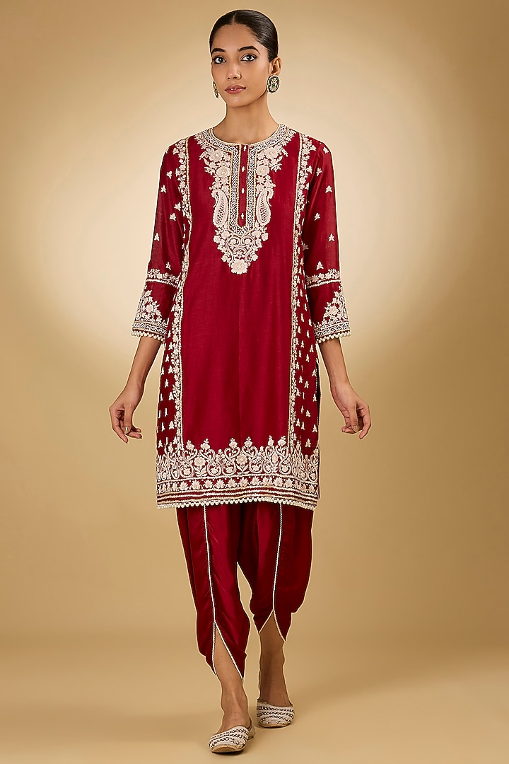 Red Pure Silk Chanderi Parsi Gara Embroidered Kurta Set by Sheetal Batra at Pernia's Pop Up Shop