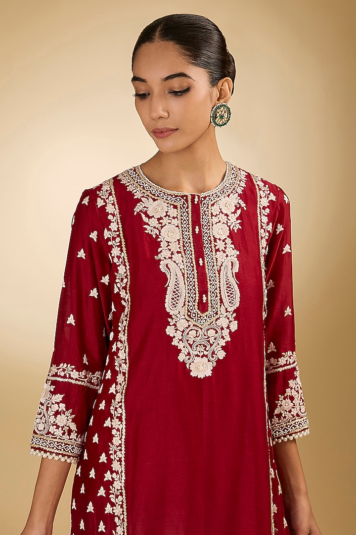 Red Pure Silk Chanderi Parsi Gara Embroidered Kurta Set by Sheetal Batra at Pernia's Pop Up Shop