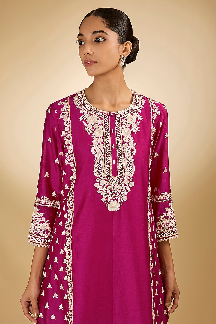 Pink Pure Silk Chanderi Parsi Gara Embroidered Kurta Set by Sheetal Batra at Pernia's Pop Up Shop