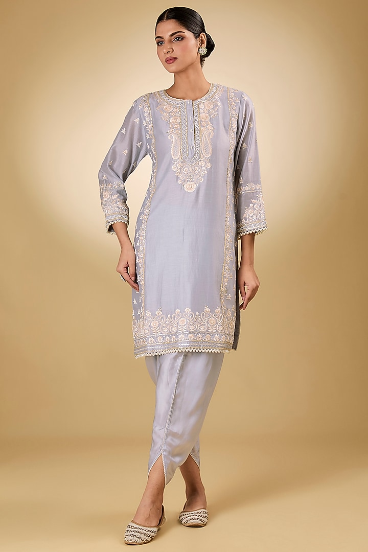 Blue Pure Silk Chanderi Parsi Gara Embroidered Kurta Set by Sheetal Batra at Pernia's Pop Up Shop