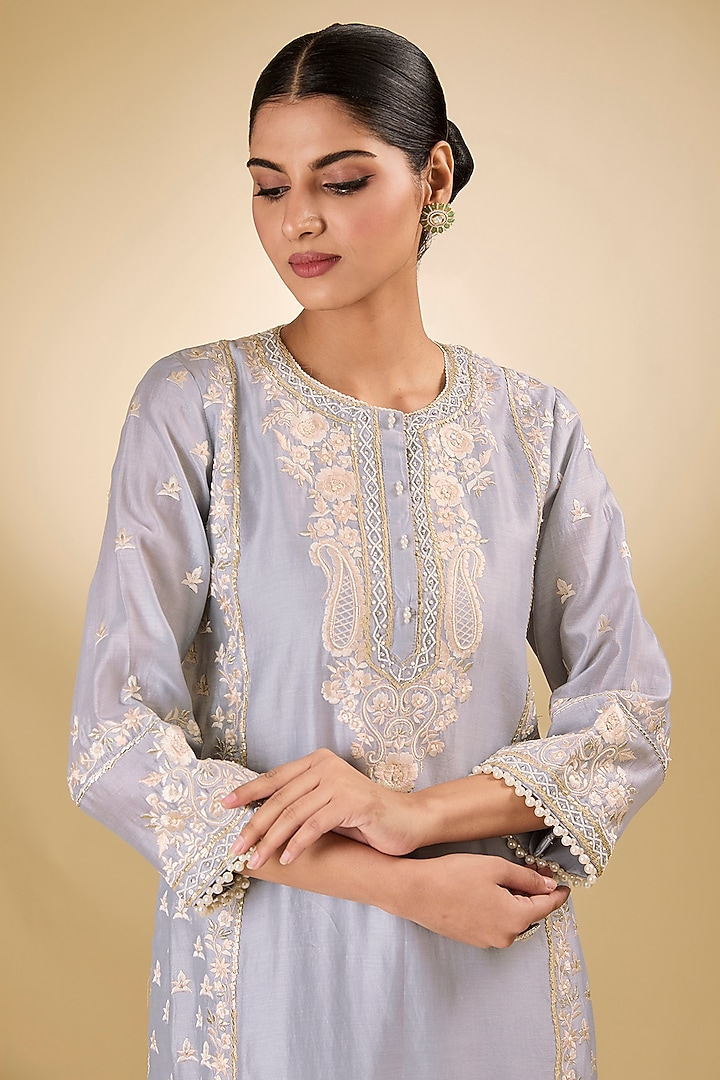 Blue Pure Silk Chanderi Parsi Gara Embroidered Kurta Set by Sheetal Batra at Pernia's Pop Up Shop