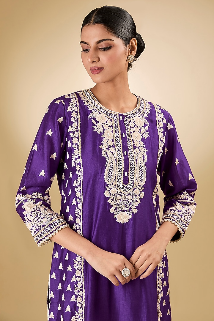 Purple Pure Silk Chanderi Parsi Gara Embroidered Kurta Set by Sheetal Batra at Pernia's Pop Up Shop