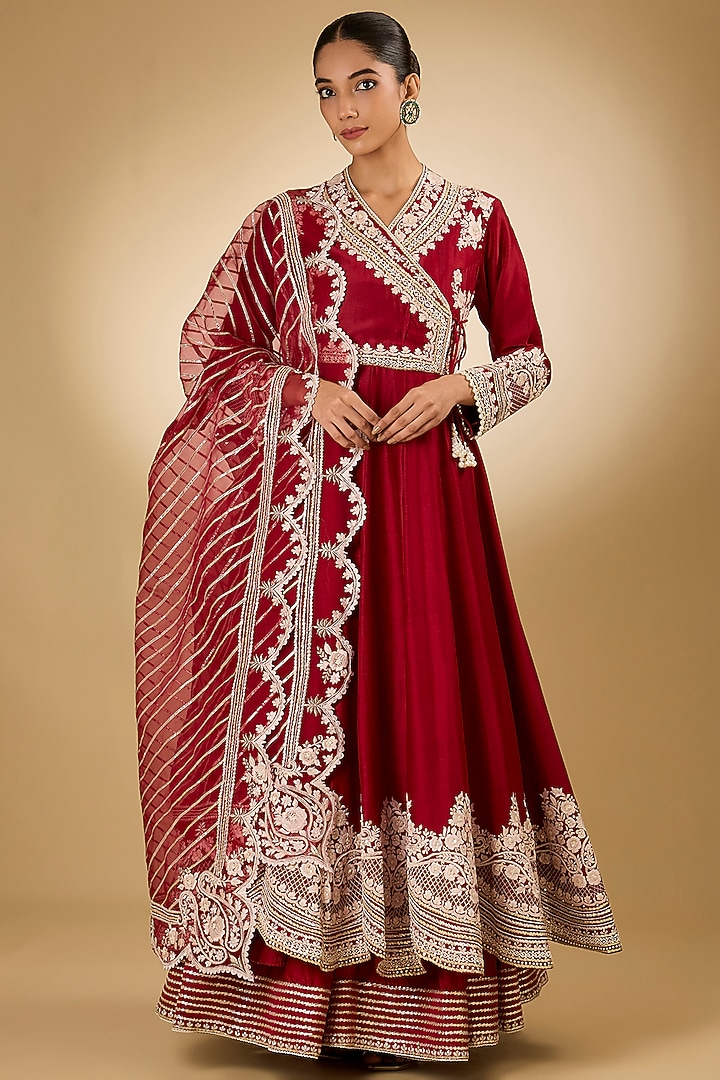 Red Pure Chanderi Silk Parsi Gara Embroidered Angrakha Bridal Anarkali Set by Sheetal Batra at Pernia's Pop Up Shop