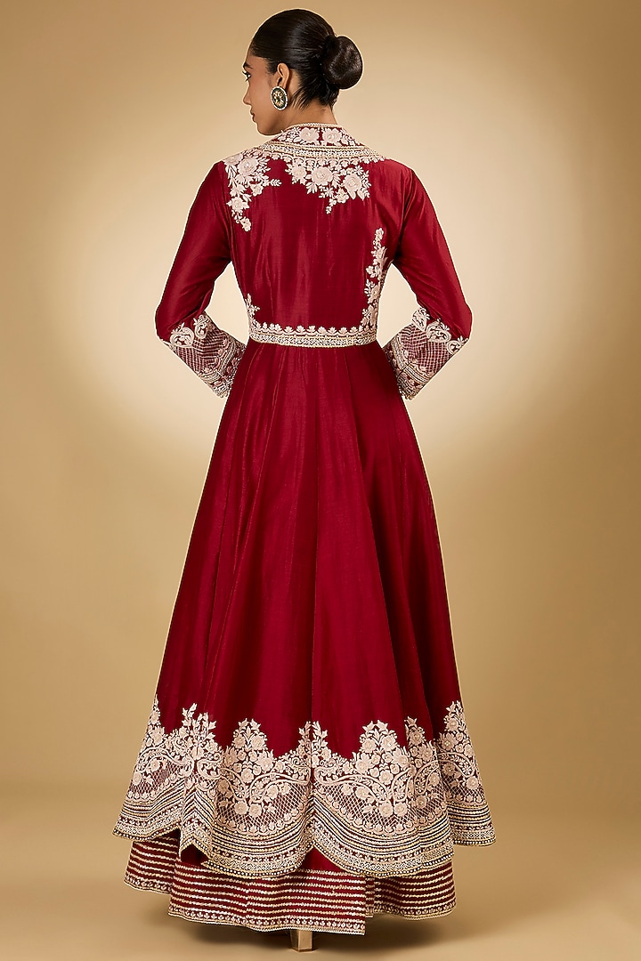 Red Pure Chanderi Silk Parsi Gara Embroidered Angrakha Bridal Anarkali Set by Sheetal Batra at Pernia's Pop Up Shop