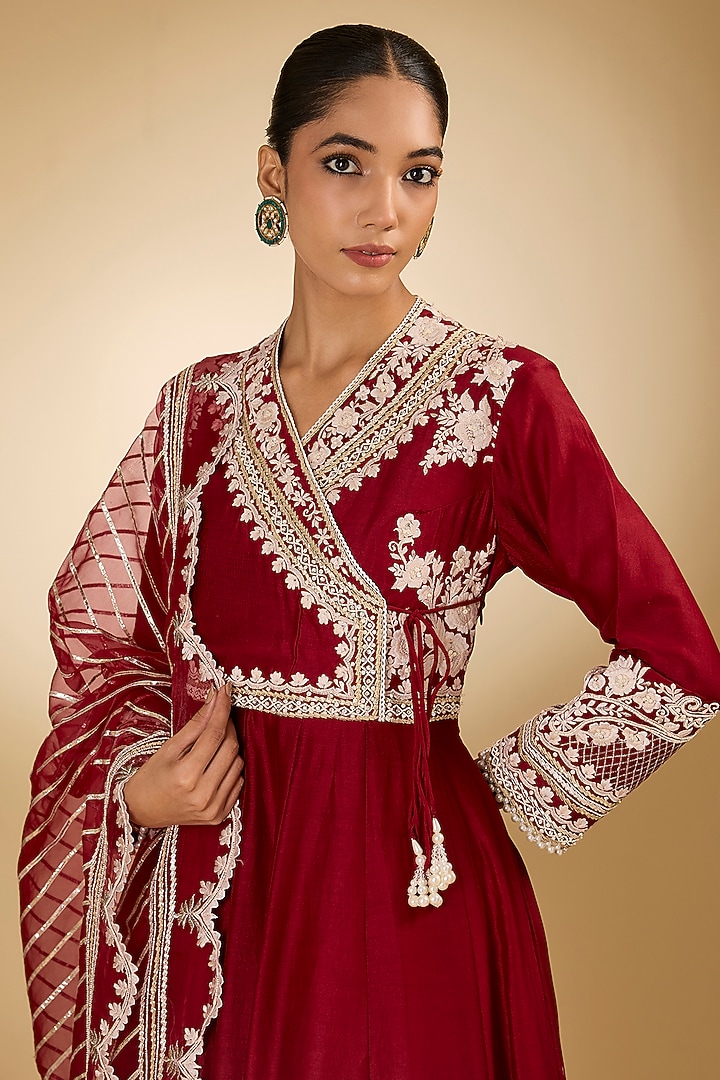 Red Pure Chanderi Silk Parsi Gara Embroidered Angrakha Bridal Anarkali Set by Sheetal Batra at Pernia's Pop Up Shop