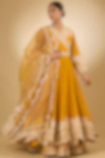Yellow Pure Chanderi Silk Parsi Gara Embroidered Angrakha Bridal Anarkali Set by Sheetal Batra at Pernia's Pop Up Shop